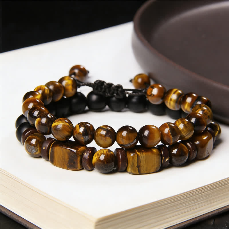 Buddha Stones タイガーアイヘマタイトスクエアダブルラップビーズ強さブレスレット2個セット - image 8