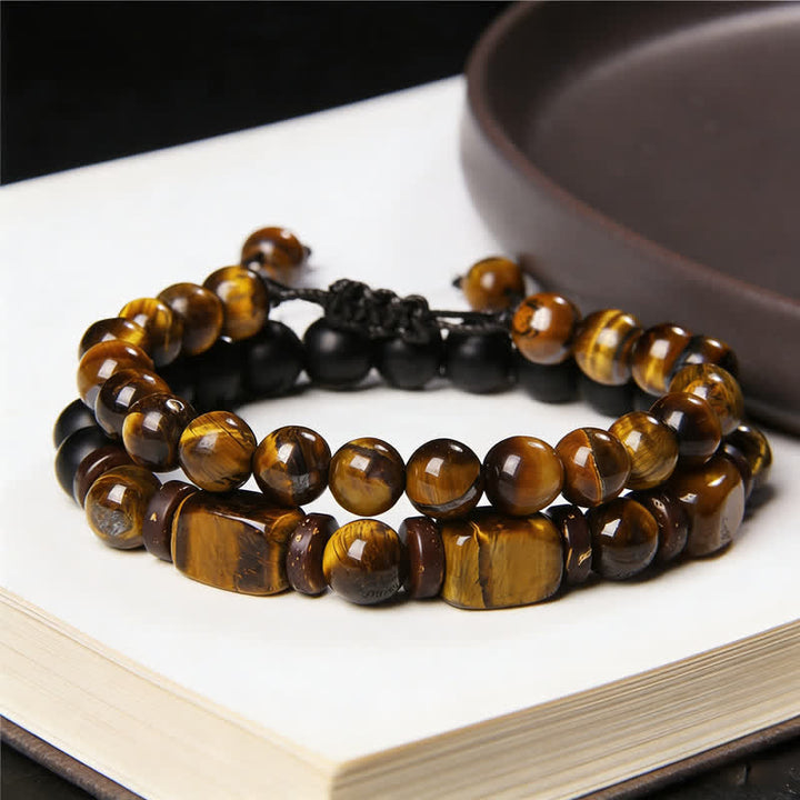 Buddha Stones タイガーアイヘマタイトスクエアダブルラップビーズ強さブレスレット2個セット - image 8