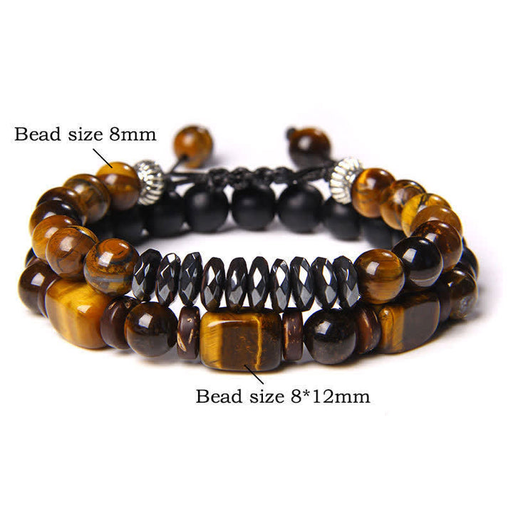 Buddha Stones タイガーアイヘマタイトスクエアダブルラップビーズ強さブレスレット2個セット - タイガーアイ・ファセットカット・ヘマタイト 2個セット（手首周り：16～17cm） - image 0