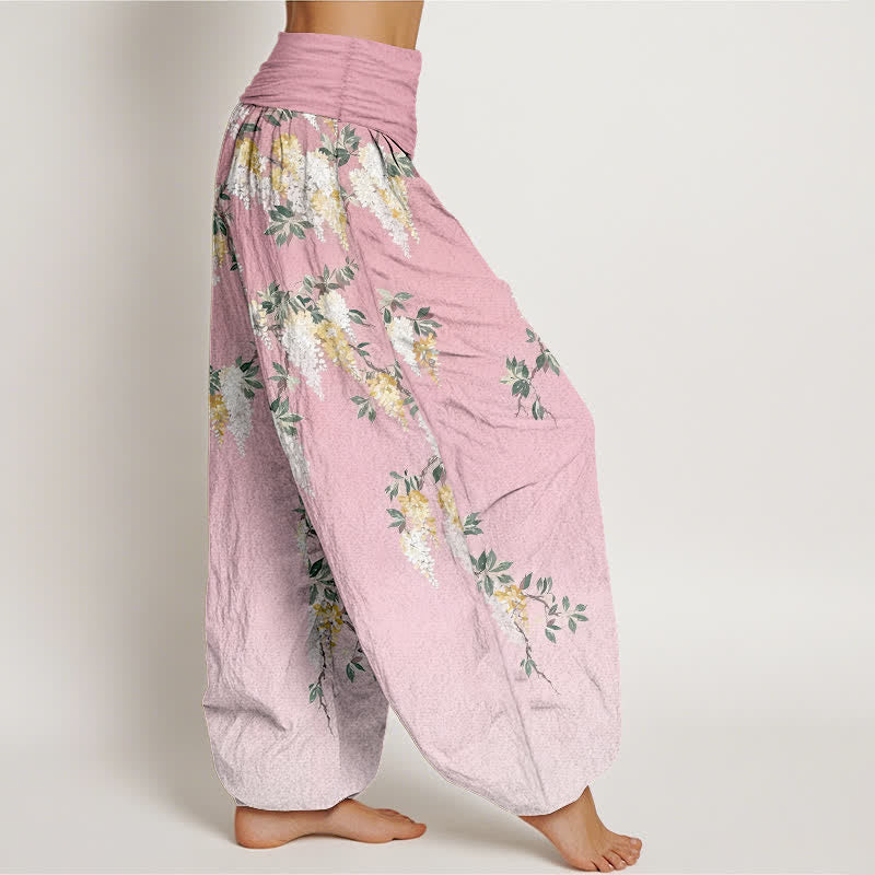 Buddha Stones 純綿 白 黄 花柄 レディース ゴムウエスト ハーレムパンツ - image 7