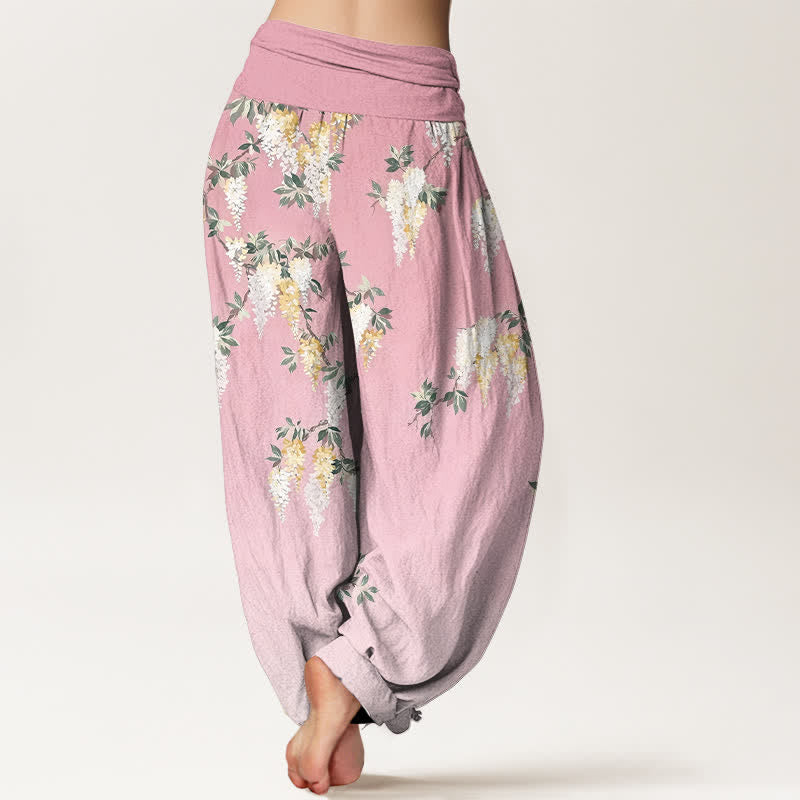 Buddha Stones 純綿 白 黄 花柄 レディース ゴムウエスト ハーレムパンツ - image 6