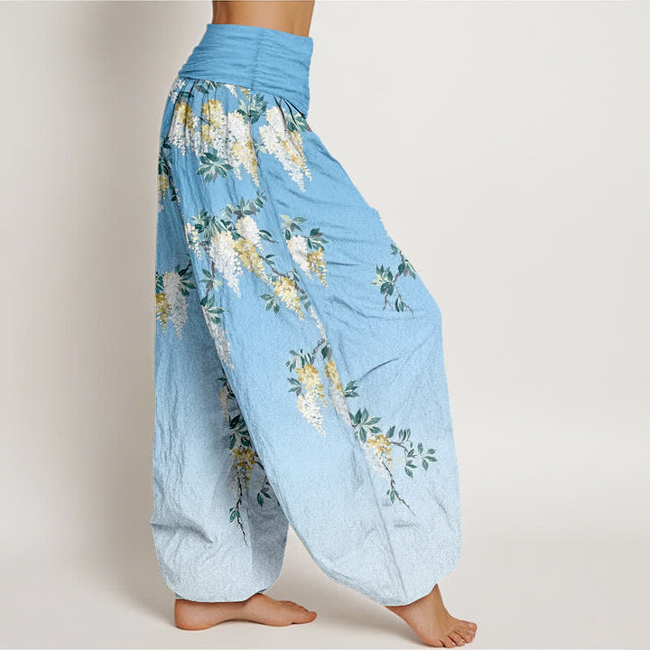 Buddha Stones 純綿 白 黄 花柄 レディース ゴムウエスト ハーレムパンツ - image 10