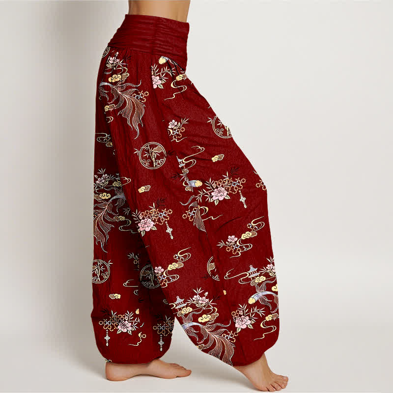 Buddha Stones ピュアコットン製オリエンタルクラウドフローラル柄レディースゴムウエストハーレムパンツ - image 10