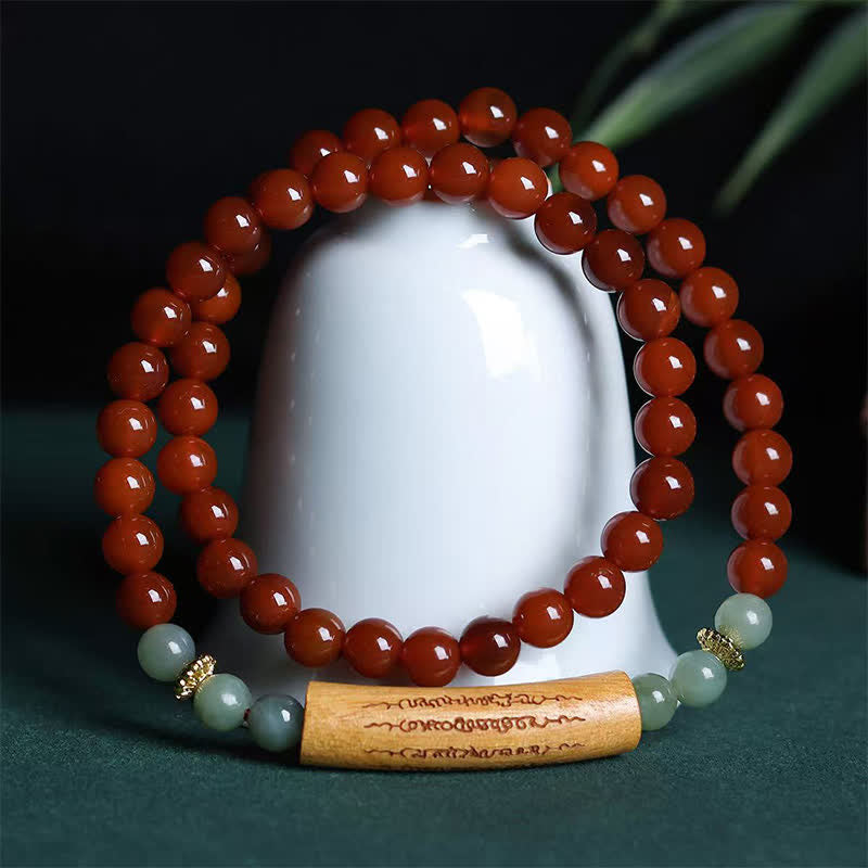 Buddha Stones レッドアゲート、グリーンアベンチュリン、五戒ダブルラップバランスブレスレット - image 1