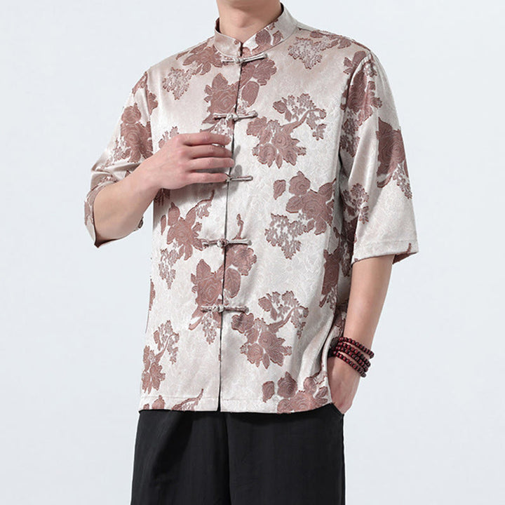 Buddha Stones 夏物唐風マンダリンカラーフロッグボタン花柄ジャカードメンズ肘丈袖シャツ - image 3