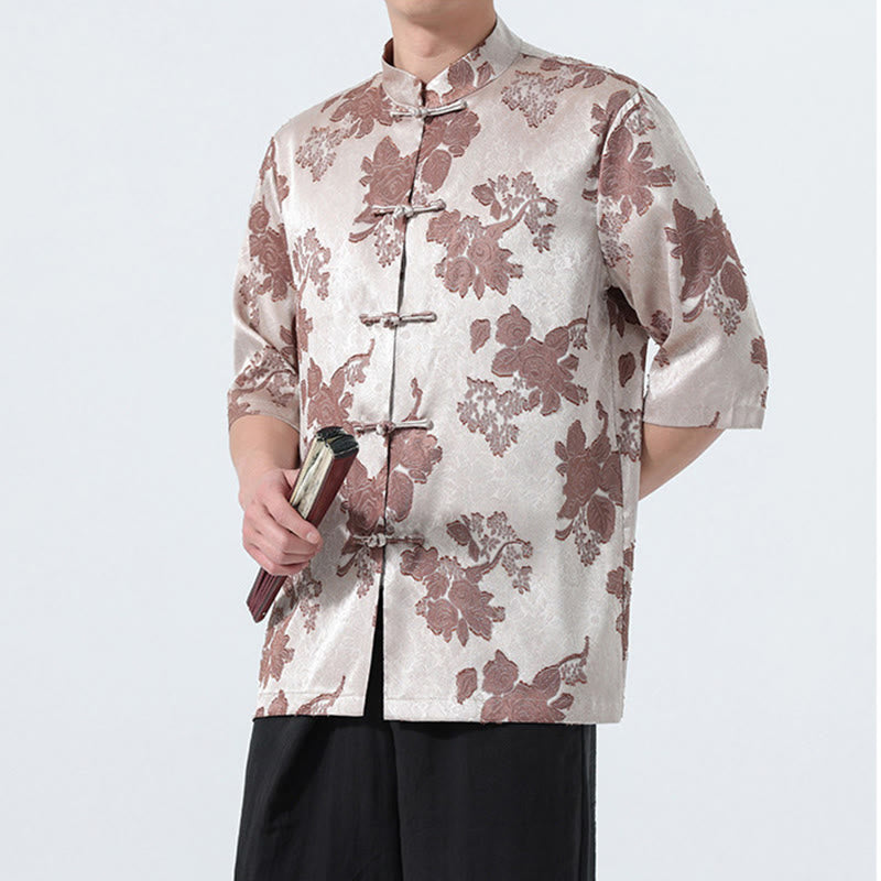 Buddha Stones 夏物唐風マンダリンカラーフロッグボタン花柄ジャカードメンズ肘丈袖シャツ - image 6