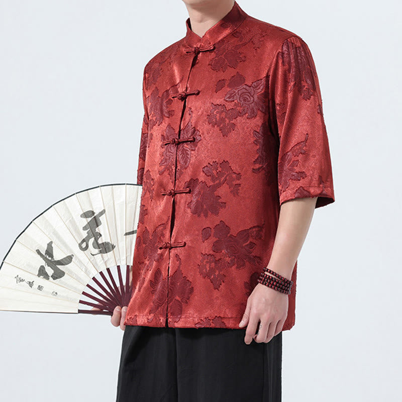 Buddha Stones 夏物唐風マンダリンカラーフロッグボタン花柄ジャカードメンズ肘丈袖シャツ - image 28