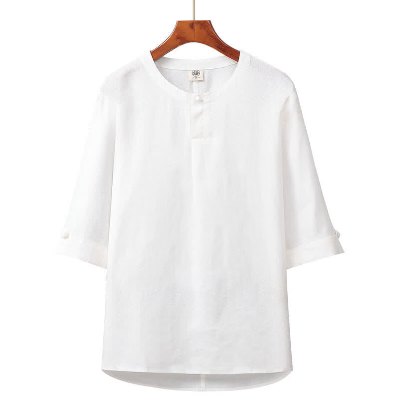 Buddha Stones 春夏向けミニマルデザインボタンアップ無地リネンメンズ肘丈袖シャツ - 白 - US/UK/AU42、 EU52 (3XL) - image 9