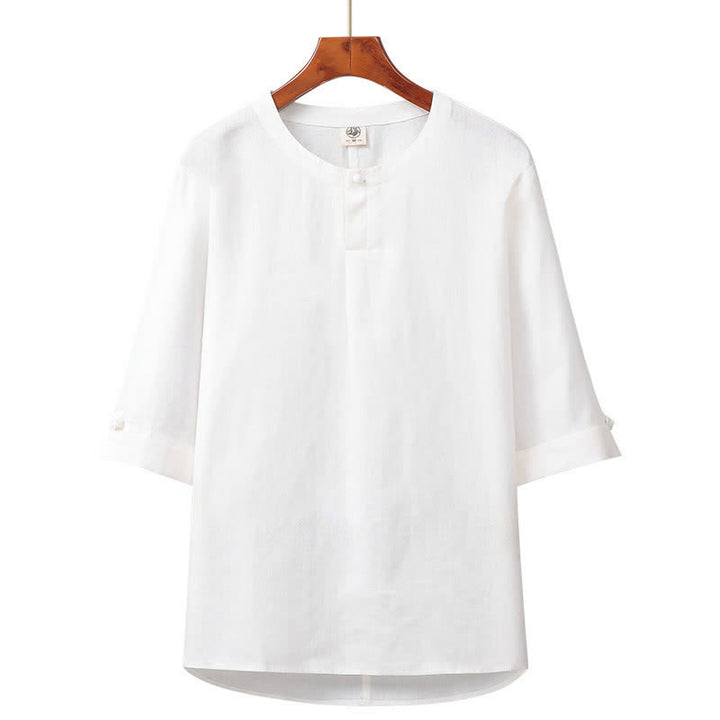 Buddha Stones 春夏向けミニマルデザインボタンアップ無地リネンメンズ肘丈袖シャツ - 白 - US/UK/AU42、 EU52 (3XL) - image 9