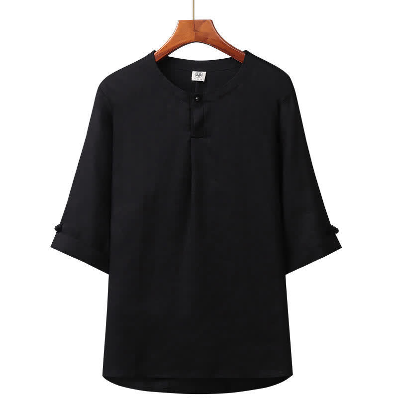 Buddha Stones 春夏向けミニマルデザインボタンアップ無地リネンメンズ肘丈袖シャツ - 黒 - US/UK/AU42、 EU52 (3XL) - image 6