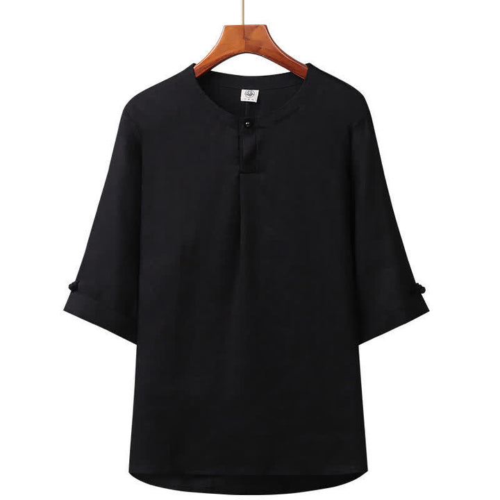 Buddha Stones 春夏向けミニマルデザインボタンアップ無地リネンメンズ肘丈袖シャツ - 黒 - US/UK/AU42、 EU52 (3XL) - image 6