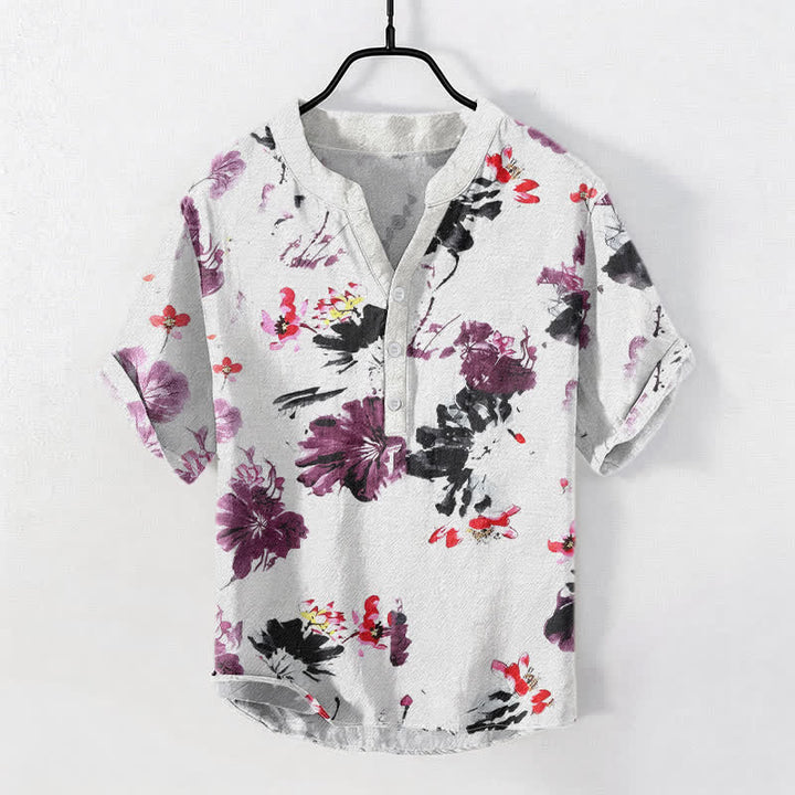 Buddha Stones コットン製パープル水彩蓮柄メンズ半袖ハーフボタンシャツ - 白 - US/UK/AU50、EU60（5XL） - image 0