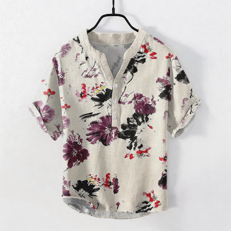 Buddha Stones コットン製パープル水彩蓮柄メンズ半袖ハーフボタンシャツ - リネン - US/UK/AU50、EU60（5XL） - image 3