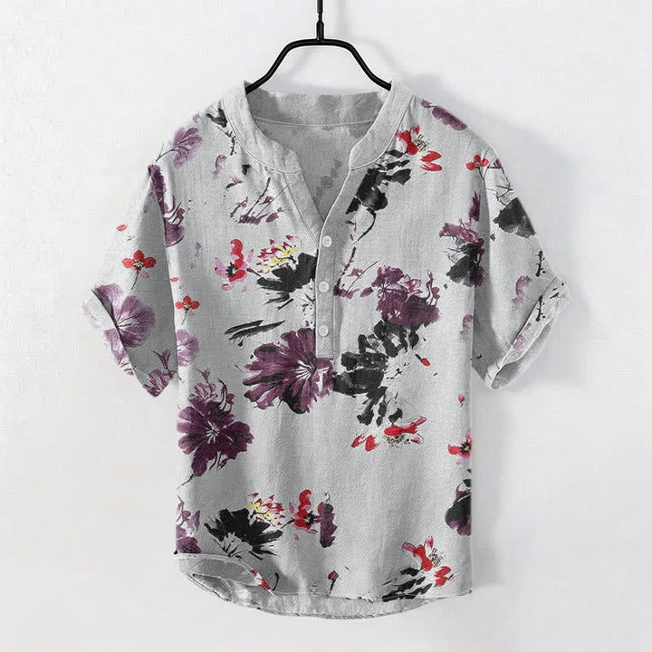 Buddha Stones コットン製パープル水彩蓮柄メンズ半袖ハーフボタンシャツ - ライトグレー - US/UK/AU50、EU60（5XL） - image 5