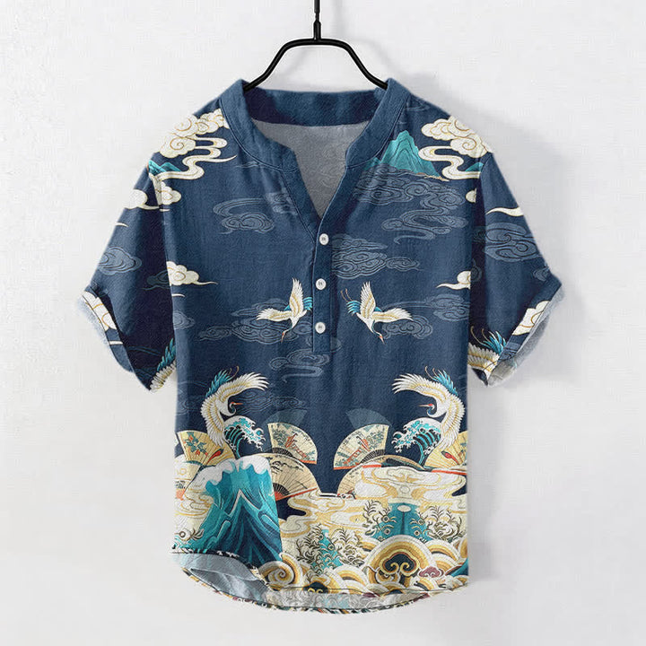 Buddha Stones 綿素材の鶴と波と雲の模様のメンズ半袖ハーフボタンシャツ - 海軍 - US/UK/AU50、EU60（5XL） - image 5