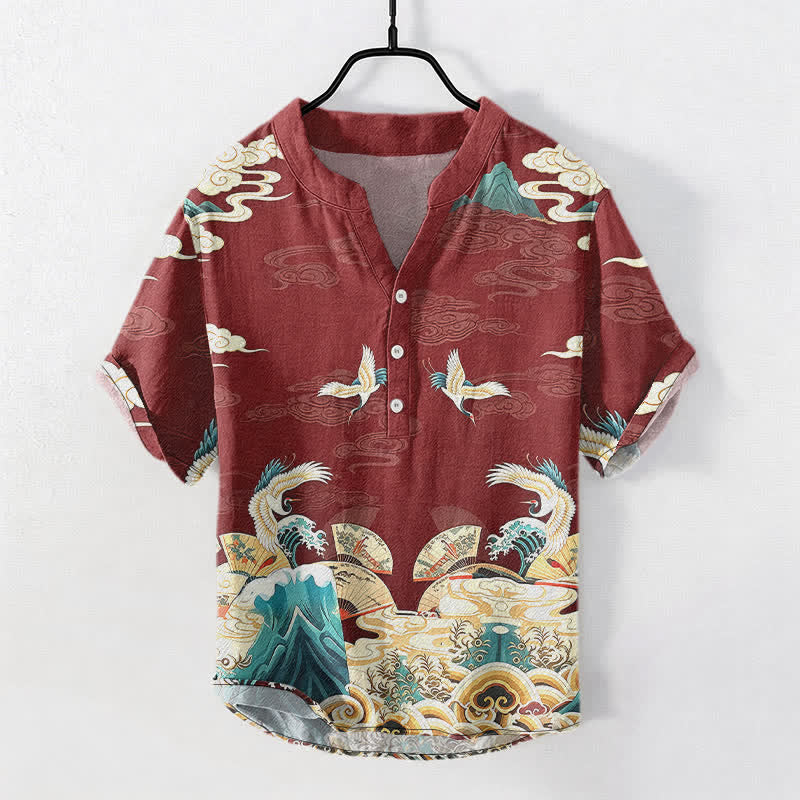 Buddha Stones 綿素材の鶴と波と雲の模様のメンズ半袖ハーフボタンシャツ - マルーン - US/UK/AU50、EU60（5XL） - image 7