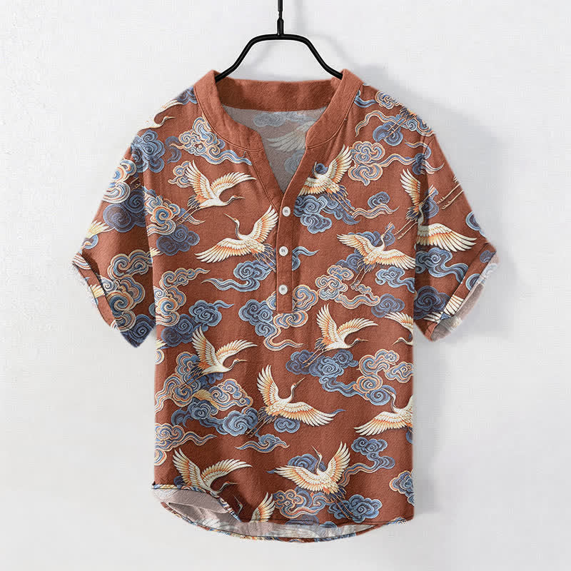 Buddha Stones 綿素材のオリエンタル鶴雲柄メンズ半袖ハーフボタンシャツ - シエナ - US/UK/AU50、EU60（5XL） - image 7