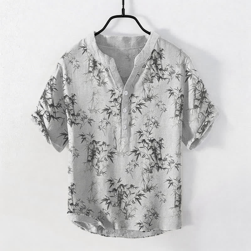 Buddha Stones 綿素材の竹の葉柄メンズ半袖ハーフボタンシャツ - ゲインズボロ - US/UK/AU50、EU60（5XL） - image 0