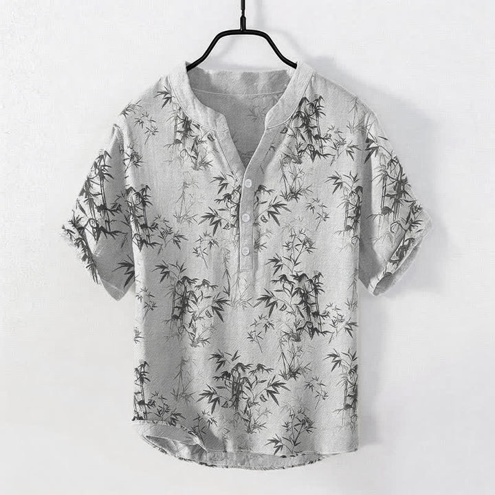 Buddha Stones 綿素材の竹の葉柄メンズ半袖ハーフボタンシャツ - ゲインズボロ - US/UK/AU50、EU60（5XL） - image 0