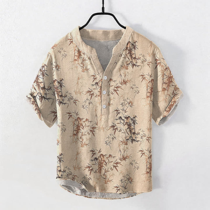 Buddha Stones 綿素材の竹の葉柄メンズ半袖ハーフボタンシャツ - 小麦 - US/UK/AU50、EU60（5XL） - image 3