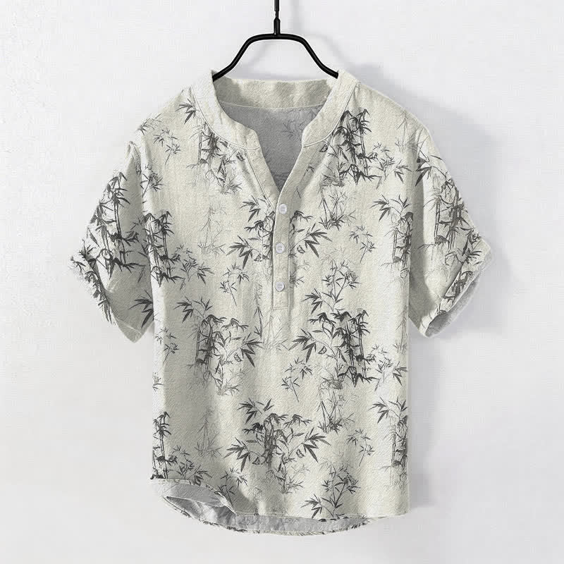 Buddha Stones 綿素材の竹の葉柄メンズ半袖ハーフボタンシャツ - 象牙 - US/UK/AU50、EU60（5XL） - image 5