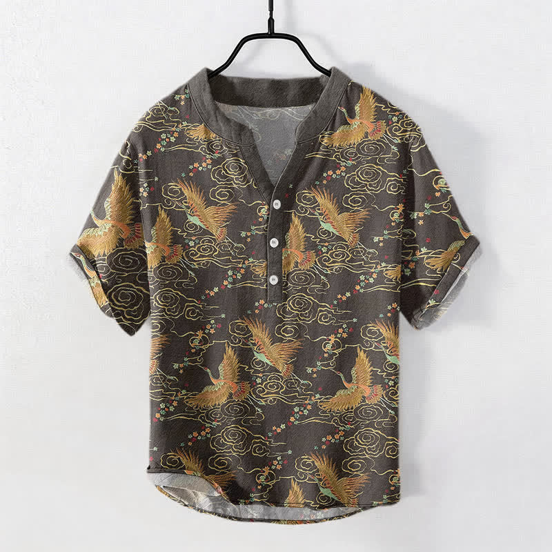 Buddha Stones 綿素材の金鶴雲柄メンズ半袖ハーフボタンシャツ - 薄暗い灰色 - US/UK/AU50、EU60（5XL） - image 0