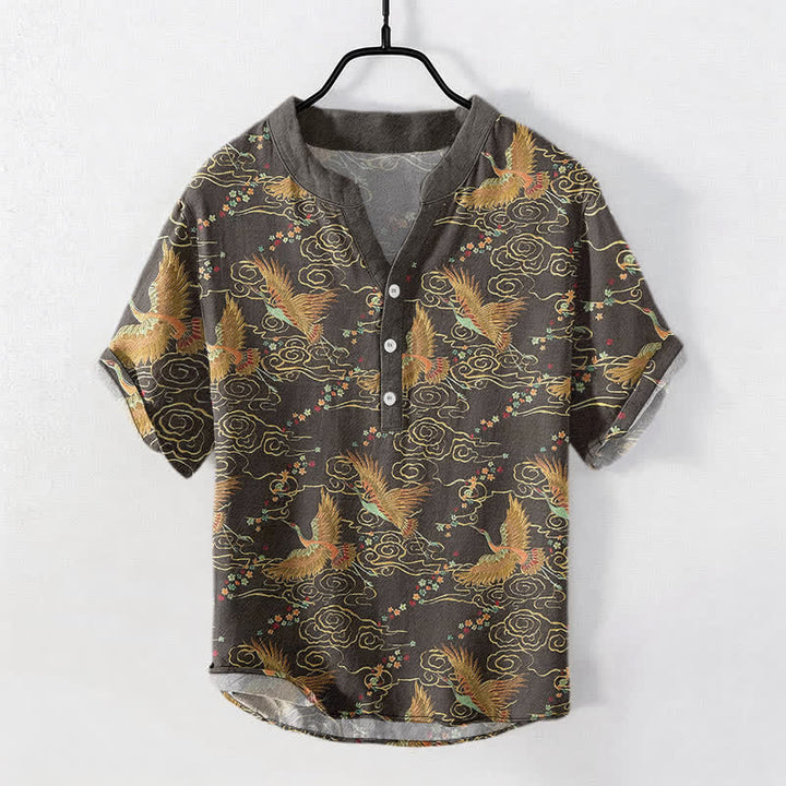 Buddha Stones 綿素材の金鶴雲柄メンズ半袖ハーフボタンシャツ - 薄暗い灰色 - US/UK/AU50、EU60（5XL） - image 0