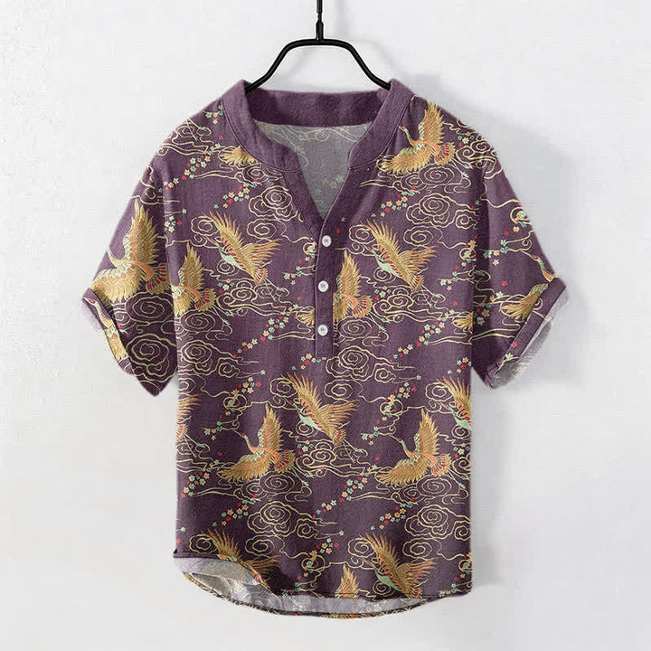 Buddha Stones 綿素材の金鶴雲柄メンズ半袖ハーフボタンシャツ - 紫 - US/UK/AU50、EU60（5XL） - image 5