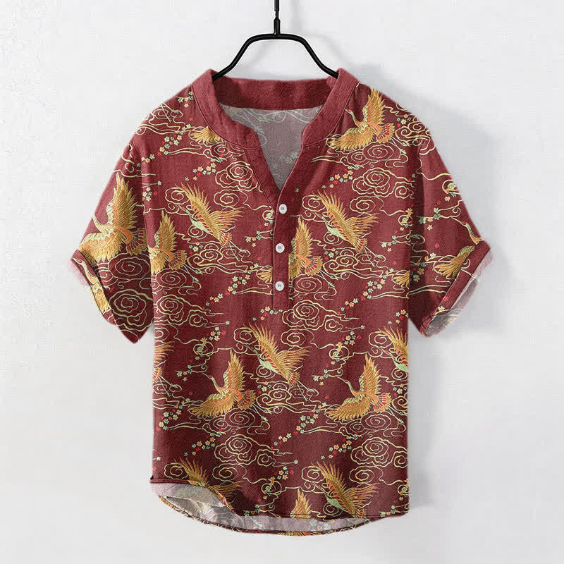 Buddha Stones 綿素材の金鶴雲柄メンズ半袖ハーフボタンシャツ - マルーン - US/UK/AU50、EU60（5XL） - image 7