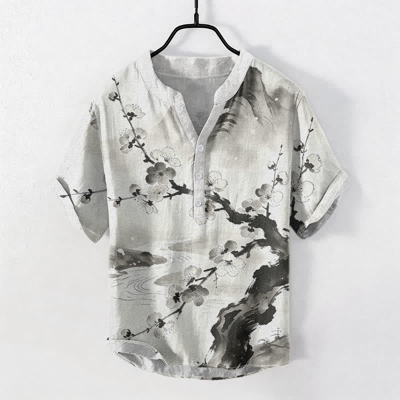 Buddha Stones コットンインク 梅の花柄 メンズ 半袖ハーフボタンシャツ - 象牙 - US/UK/AU50、EU60（5XL） - image 0