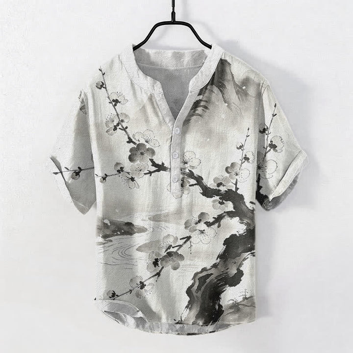 Buddha Stones コットンインク 梅の花柄 メンズ 半袖ハーフボタンシャツ - 象牙 - US/UK/AU50、EU60（5XL） - image 0