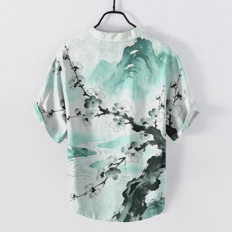 Buddha Stones コットンインク 梅の花柄 メンズ 半袖ハーフボタンシャツ - アクアマリン - US/UK/AU50、EU60（5XL） - image 4