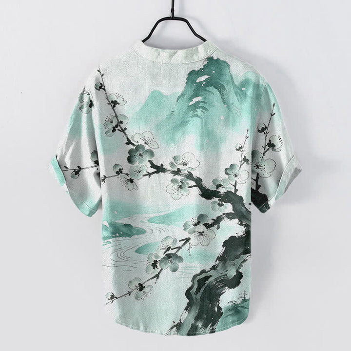 Buddha Stones コットンインク 梅の花柄 メンズ 半袖ハーフボタンシャツ - アクアマリン - US/UK/AU50、EU60（5XL） - image 4