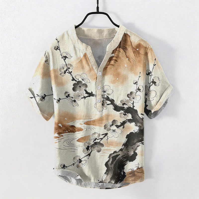 Buddha Stones コットンインク 梅の花柄 メンズ 半袖ハーフボタンシャツ - 小麦 - US/UK/AU50、EU60（5XL） - image 5