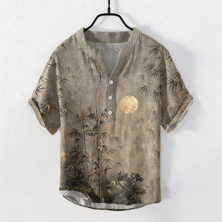 Buddha Stones コットンインク竹柄金月模様メンズ半袖ハーフボタンシャツ - ダークグレー - US/UK/AU50、EU60（5XL） - image 5