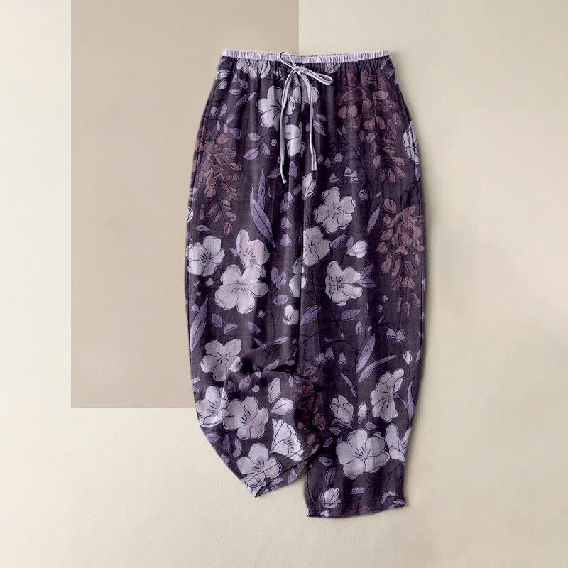 Buddha Stones 綿100％、花柄、ウエストゴム、ポケット付きレディースパンツ - 紫 - US16、 UK/AU20、 EU48 (3XL) - image 5