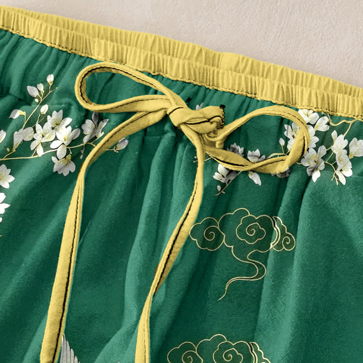 Buddha Stones 純綿素材、飛鶴柄、花柄、ウエストゴム、ポケット付きレディースパンツ - image 1