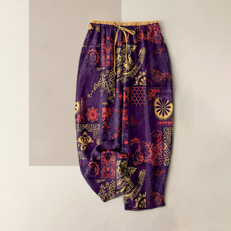 Buddha Stones コットン素材の花柄レディースパンツ（ウエストゴム、ポケット付き） - 紫 - US16、 UK/AU20、 EU48 (3XL) - image 4