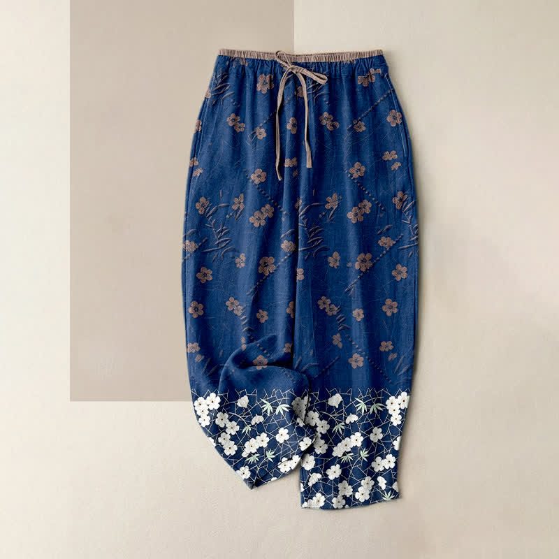 Buddha Stones 綿100％、花柄、ウエストゴム、ポケット付きレディースパンツ - 海軍 - US16、 UK/AU20、 EU48 (3XL) - image 3