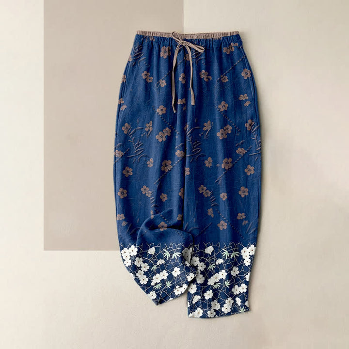 Buddha Stones 綿100％、花柄、ウエストゴム、ポケット付きレディースパンツ - 海軍 - US16、 UK/AU20、 EU48 (3XL) - image 3