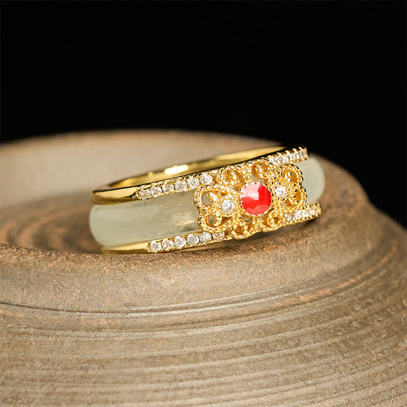 Buddha Stones 金メッキ銅ガラス製フラワーウェルスリング - 金メッキ銅（17.3mm） - image 0