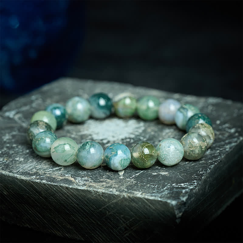 Buddha Stones シンプルなモスアゲートビーズのヒーリングブレスレット - 14mmモスアゲート（手首周り：18～19cm） - image 0