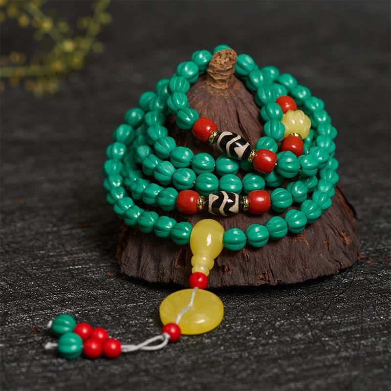 Buddha Stones チベットの108ビーズ、ターコイズパンプキンビーズ、ジービーズ、ポジティブシンキングマーラー数珠 - image 1
