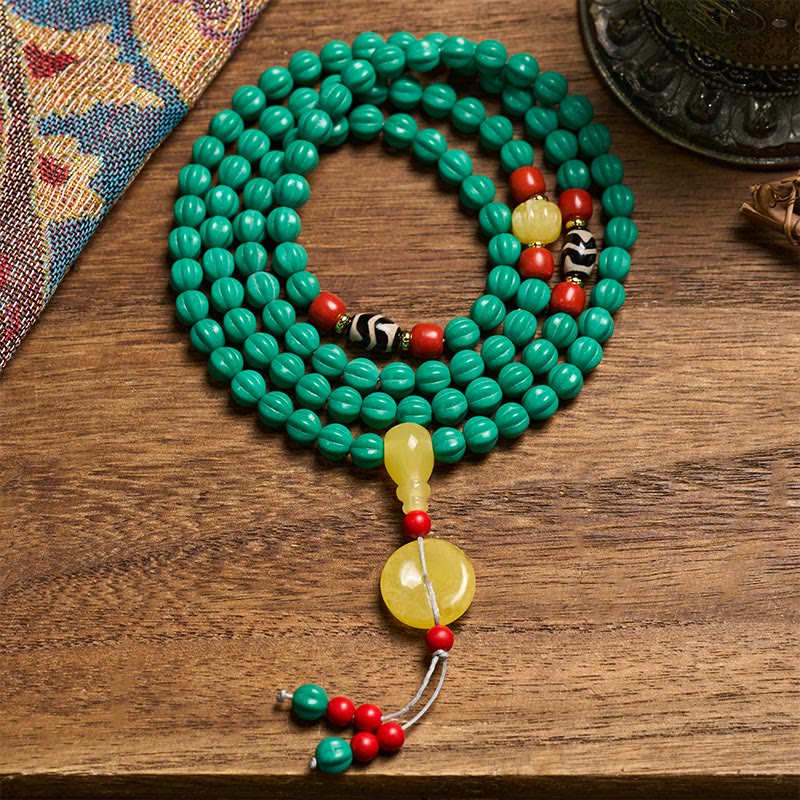 Buddha Stones チベットの108ビーズ、ターコイズパンプキンビーズ、ジービーズ、ポジティブシンキングマーラー数珠 - 8mm×108 - image 0