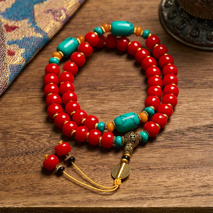Buddha Stones チベット産レッドアゲートとターコイズの自信を象徴するビーズブレスレット - image 1