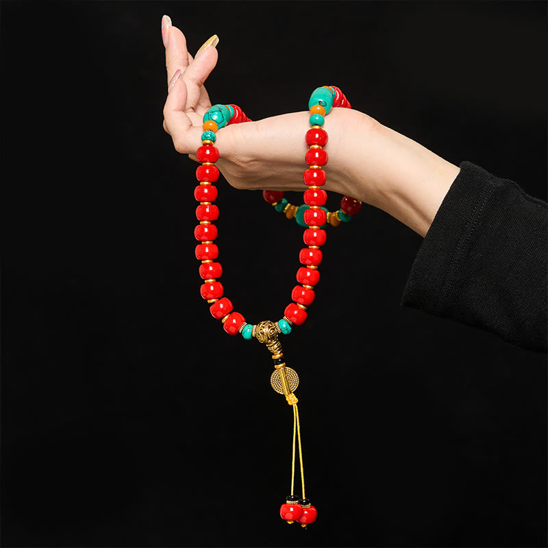 Buddha Stones チベット産レッドアゲートとターコイズの自信を象徴するビーズブレスレット - image 4