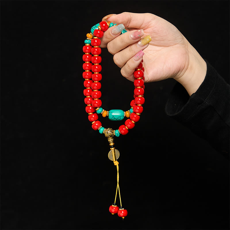 Buddha Stones チベット産レッドアゲートとターコイズの自信を象徴するビーズブレスレット - image 3