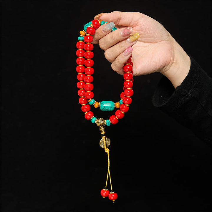 Buddha Stones チベット産レッドアゲートとターコイズの自信を象徴するビーズブレスレット - image 3