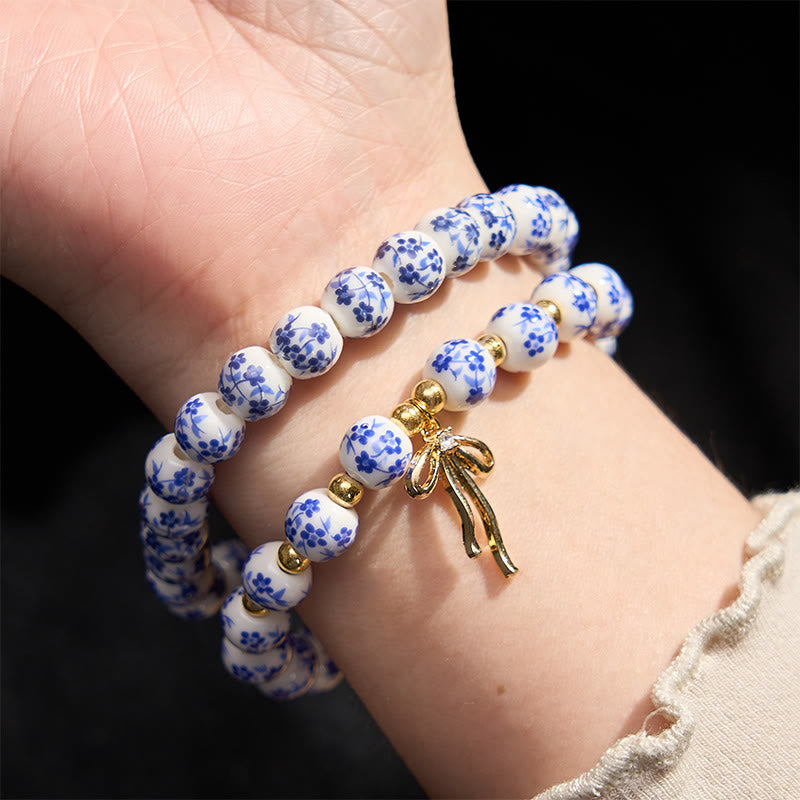 Buddha Stones 青と白のピンクの磁器ビーズのリボン結びビーズのインナーピースブレスレット - image 3