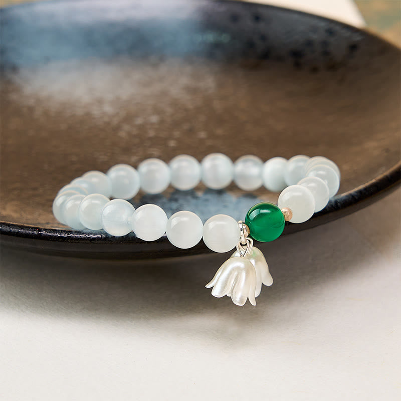 Buddha Stones 8mm ホワイトキャッツアイ ラウンドビーズ スズランの花柄幸運を呼ぶブレスレット - image 3